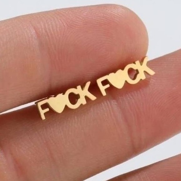 18K Gold Plated Stainless Steel Edgy Statement Earrings F#ck Studs‎ - Picture 1 of 2